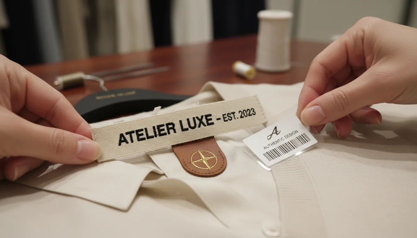 Etiquetas adhesivas personalizadas siendo aplicadas a prendas, reforzando la identidad de la marca.