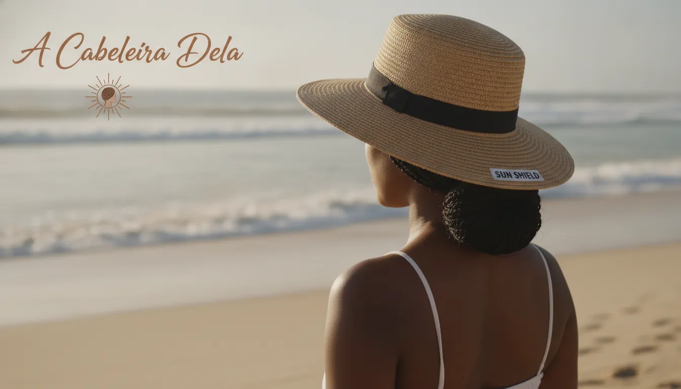 Mulher na praia com chapéu de palha e trança, protegendo o cabelo do sol e da areia.