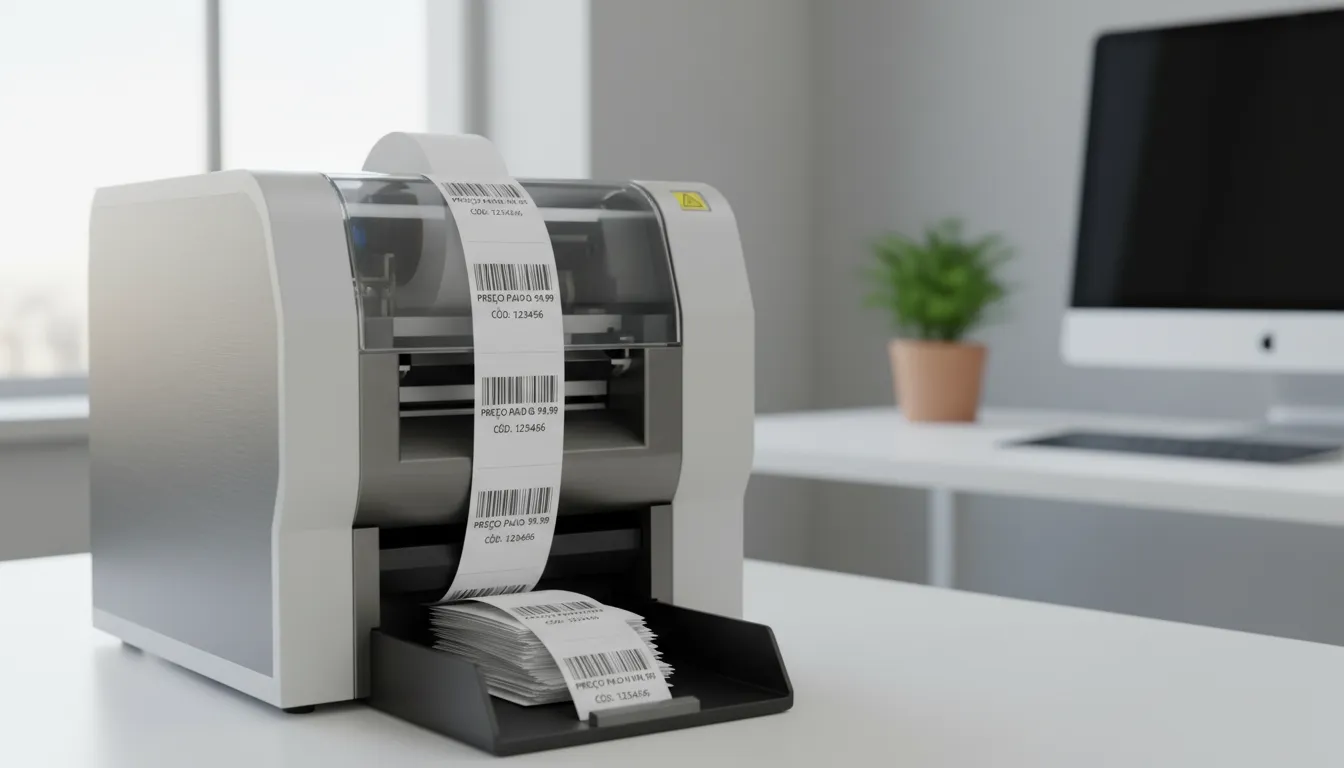 Impressora de etiquetas automática imprimindo etiquetas de preços padronizadas em ambiente moderno.