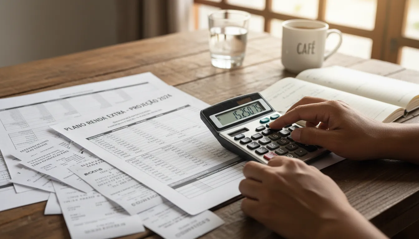 Mão preenchendo planilhas e calculando custos, com recibos e materiais de planejamento financeiro.