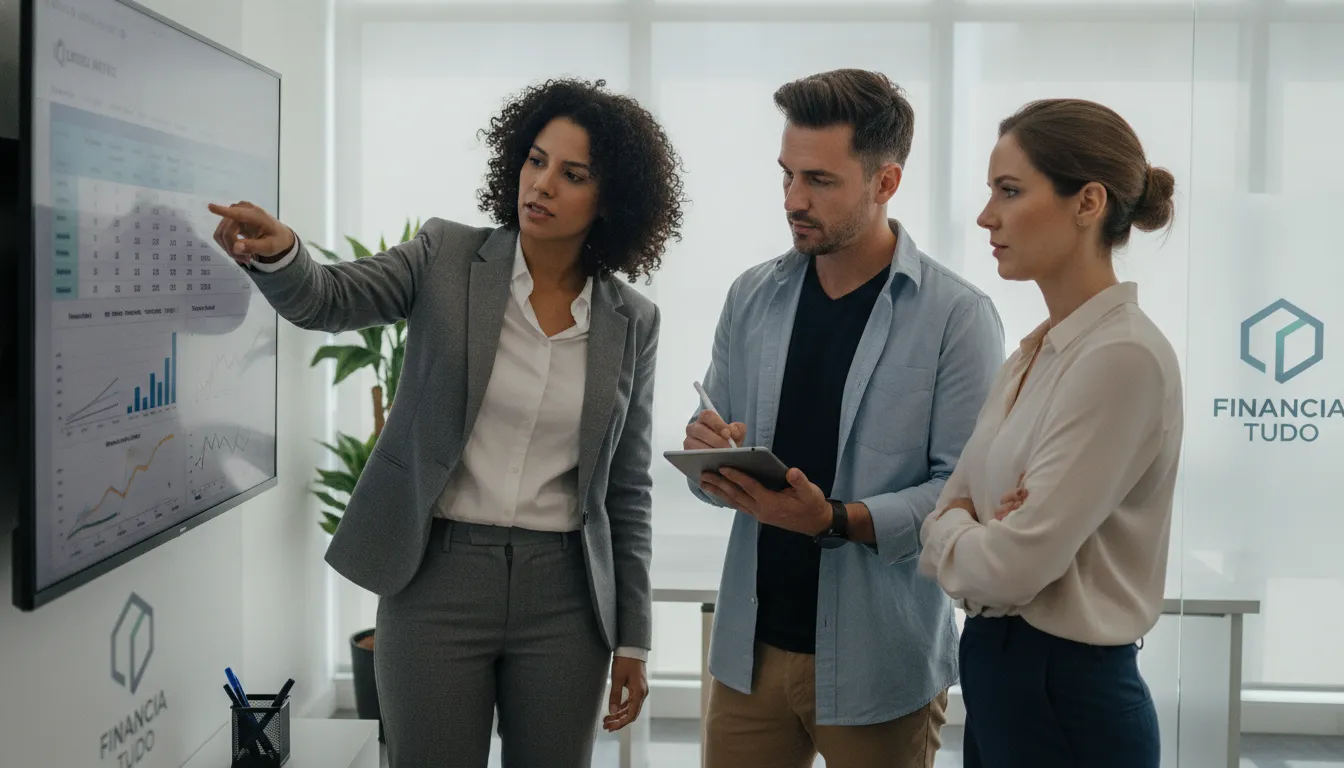 Profissionais analisando tabela de frete ANTT em tela digital, discutindo soluções financeiras Financia Tudo.