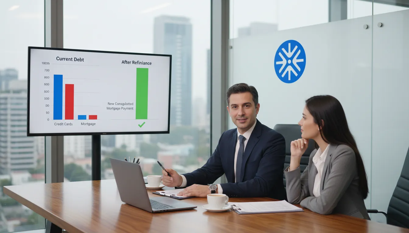 Consultor financeiro explicando as vantagens do refinanciamento de imóvel para quitar dívidas caras a um cliente em seu escritório.