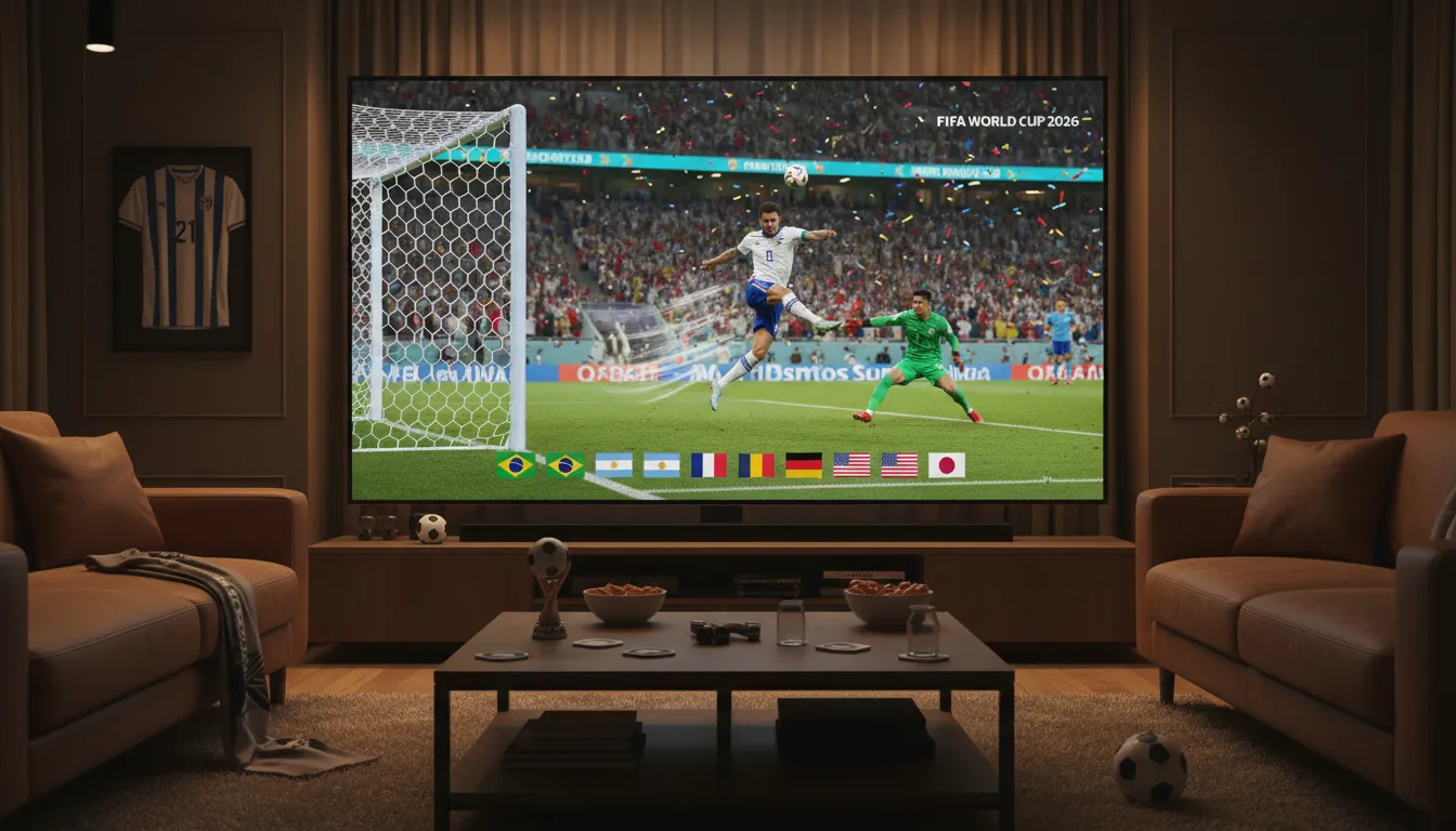 TV em alta definição mostrando os gols copa 2026 hoje com bandeiras vibrantes.