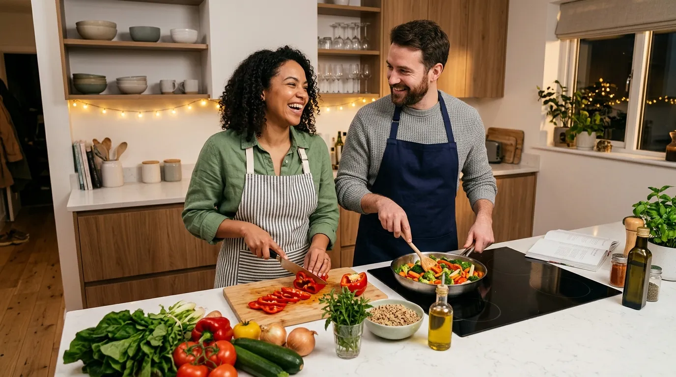 Casal cozinhando em casa demonstrando como cortar gastos sem perder qualidade de vida.