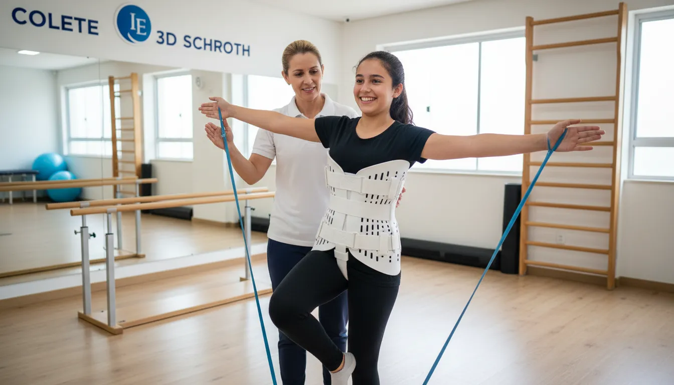Paciente sorrindo e ativo, utilizando Colete 3D Schroth enquanto faz exercícios de Schroth supervisionado, enfatizando movimento e equilíbrio no Instituto Escoliose sobre 'estalar a coluna faz mal'.