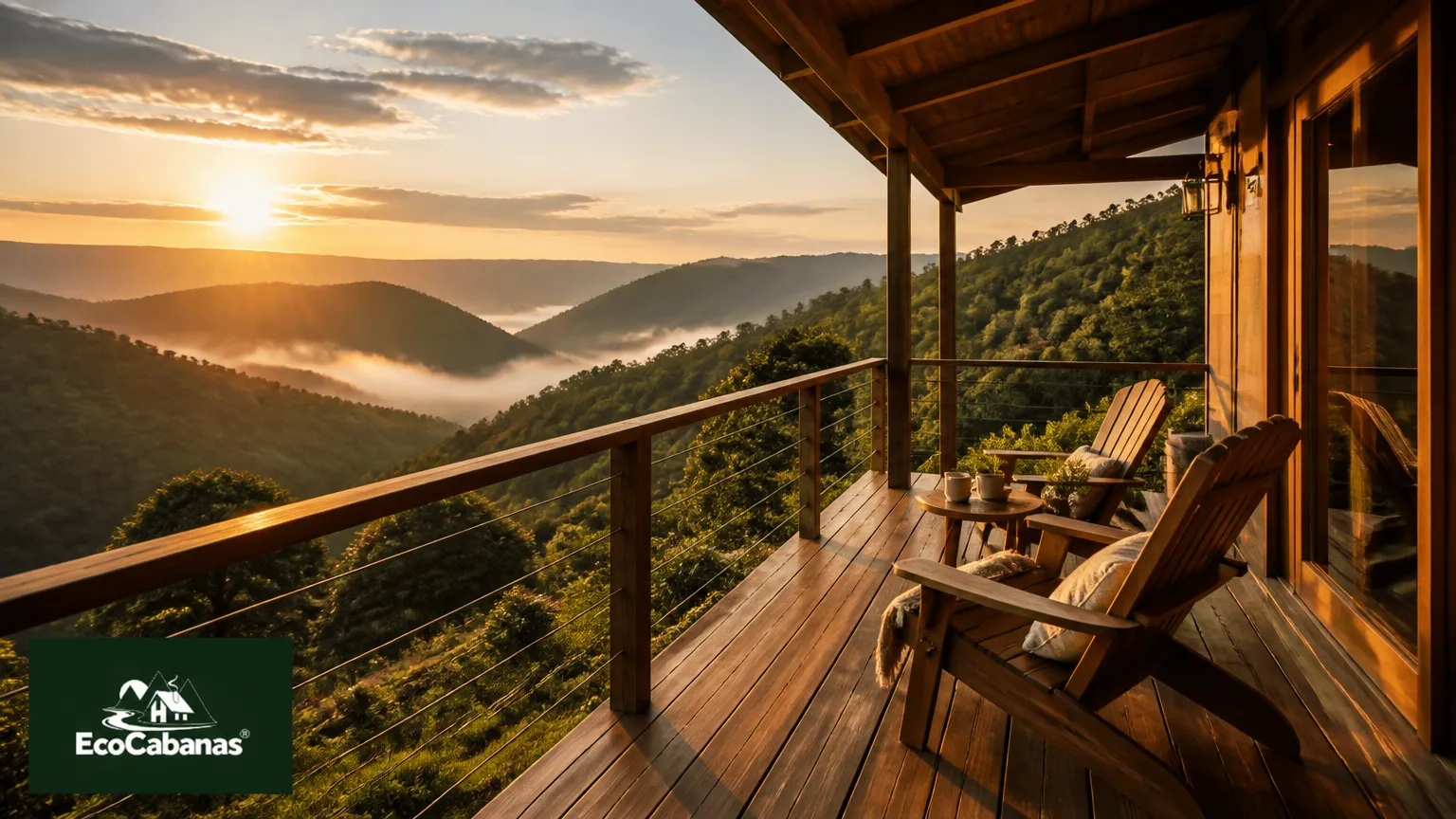 Deck integrado de casa de campo em terreno em declive com vista panorâmica