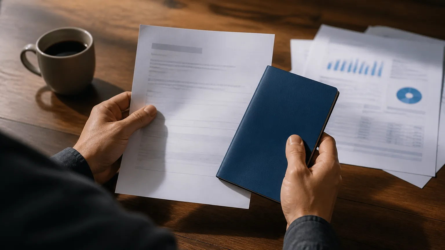 Mãos analisando carteira trabalho FGTS atrasado rescisão indireta sobre mesa com documentos contratuais.