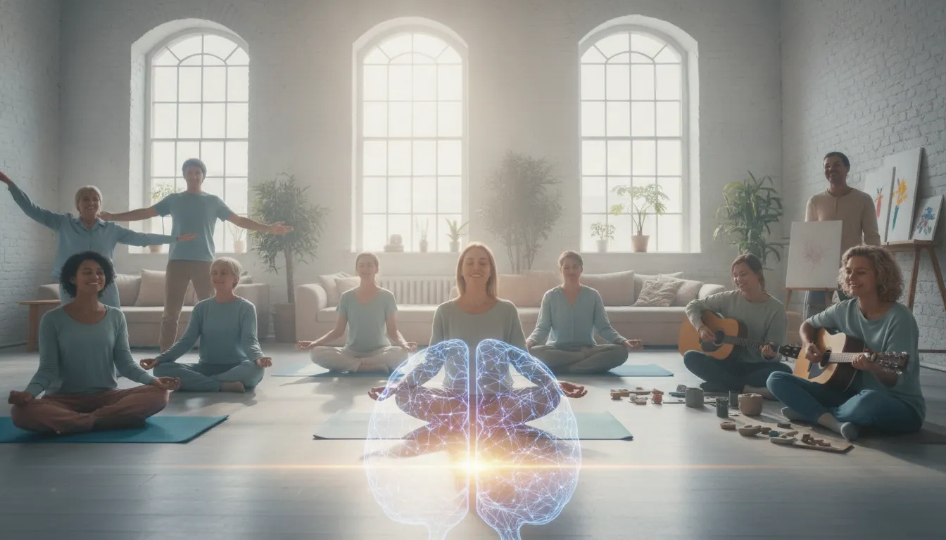 Pessoas diversas desfrutam bem-estar, simbolizando sucesso da eletroconvulsoterapia e saúde mental.