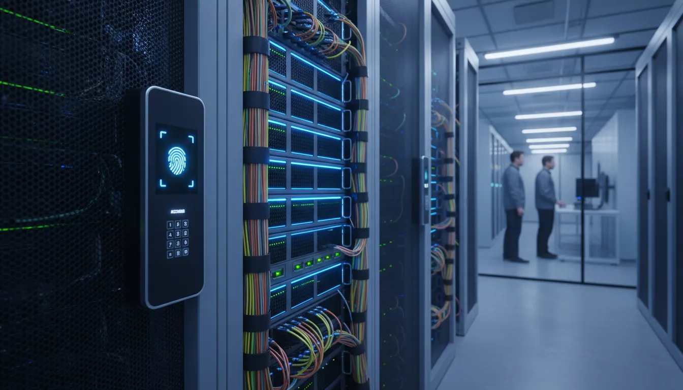 Corredor de data center com servidores protegidos por biometria e cabeamento organizado.