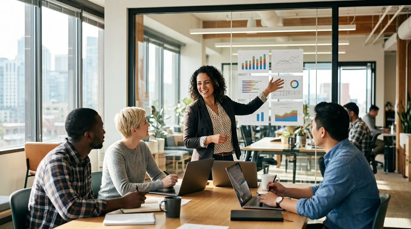 Equipe trabalhando em empresas que contratam brasileiros nos Estados Unidos em ambiente corporativo moderno.