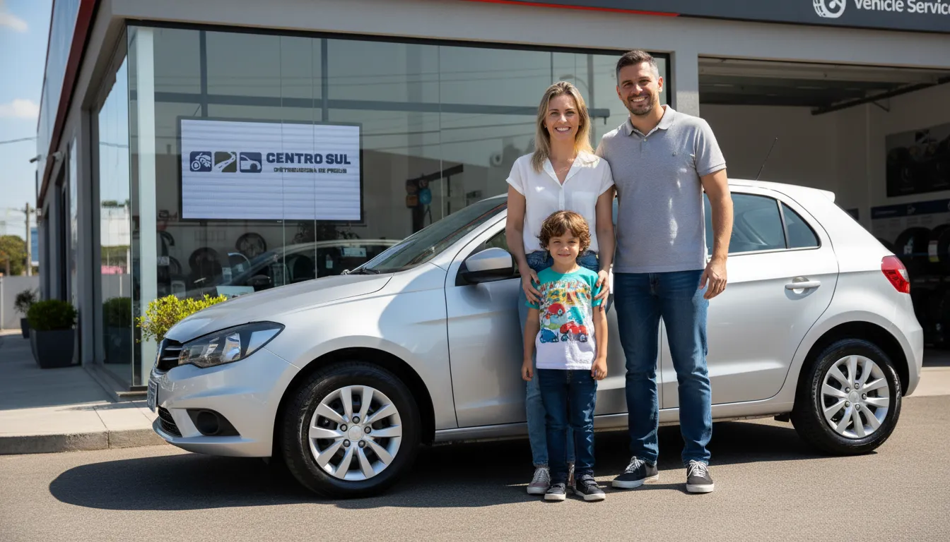 Família feliz com carro equipado com pneus para aro 13, simbolizando segurança e economia inteligente.