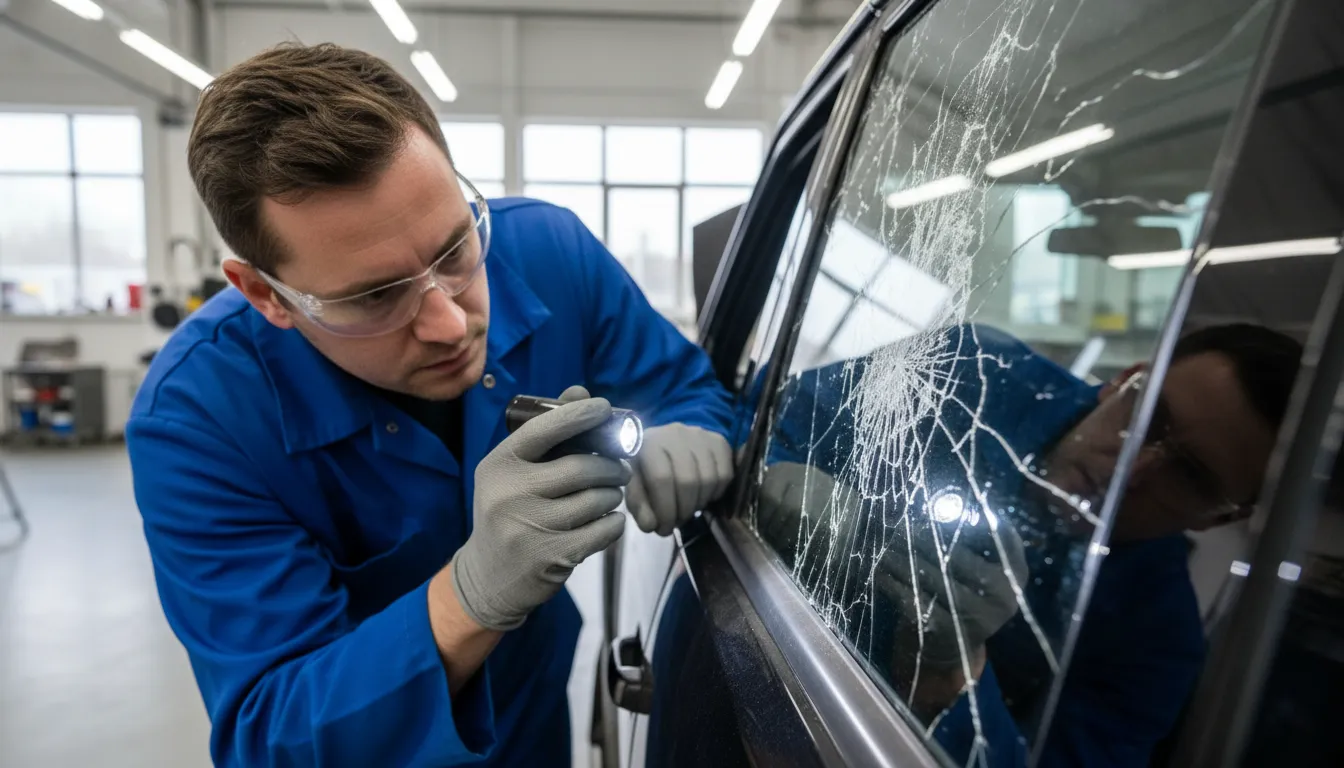 Mecânico inspecionando a delaminação em vidro blindado, ilustrando a blindagem custo manutenção e o problema comum em veículos blindados.