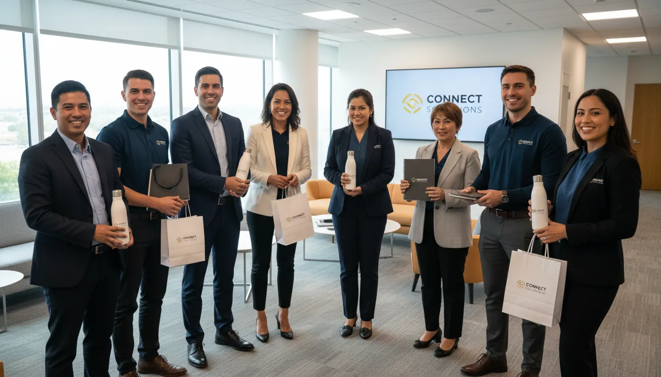Equipe entregando brindes personalizados a clientes em ambiente corporativo acolhedor.