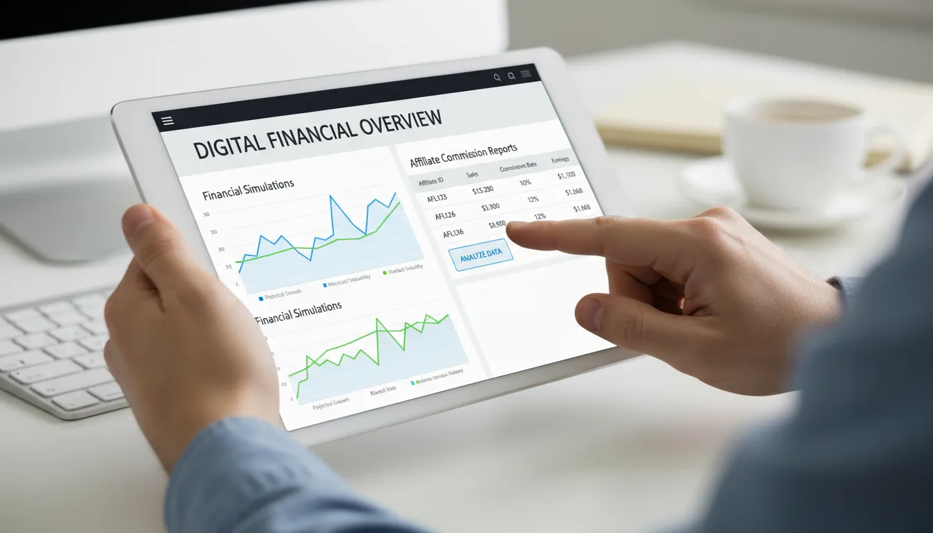 Mãos utilizando tablet para simulações financeiras online, mostrando transparência digital no mercado de crédito.