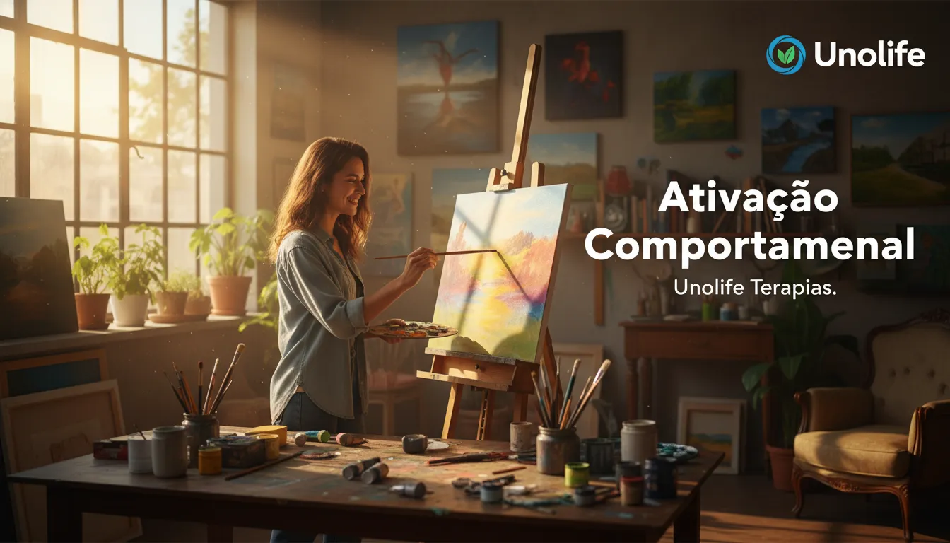 Pessoa engajada em Ativação Comportamental, pintando em um estúdio ensolarado, demonstrando felicidade e motivação. Unolife oferece terapias avançadas.