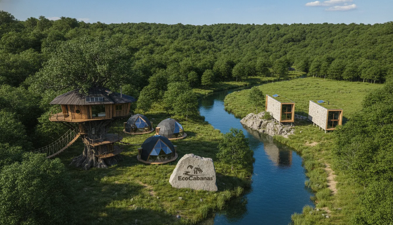 Vista aérea de múltiplas eco cabanas sustentáveis da Eco Cabanas, integradas à paisagem natural do eco glamping Brasil.