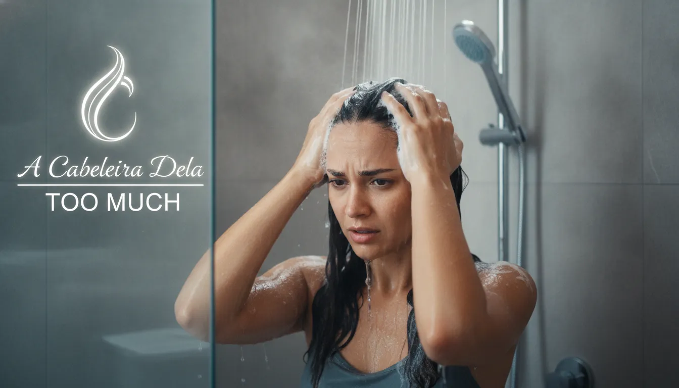 Mulher lavando o cabelo oleoso com vigor no chuveiro, tentando remover o excesso de oleosidade.