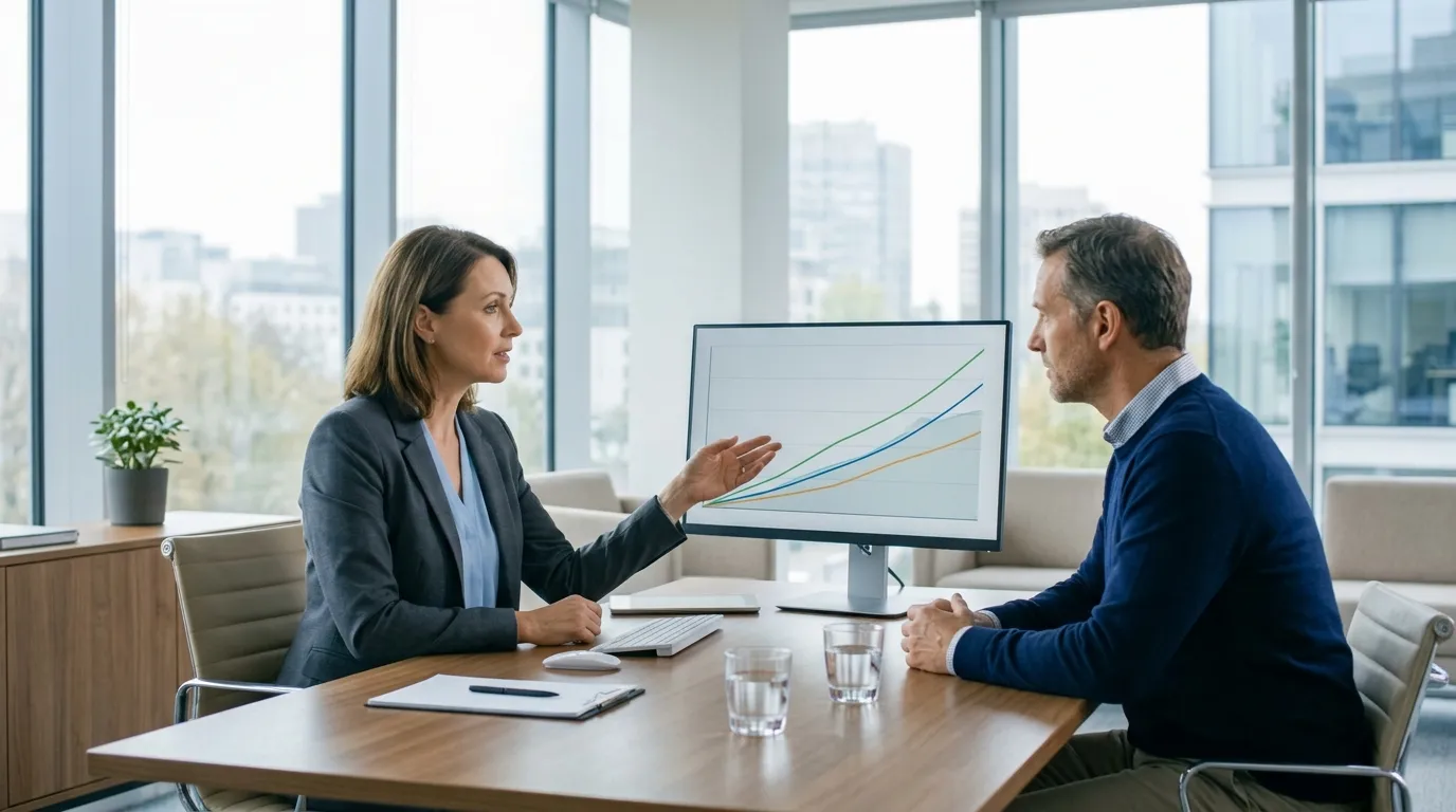 Consultor apresentando planejamento estratégico sobre como reorganizar dívidas e equilibrar contas.