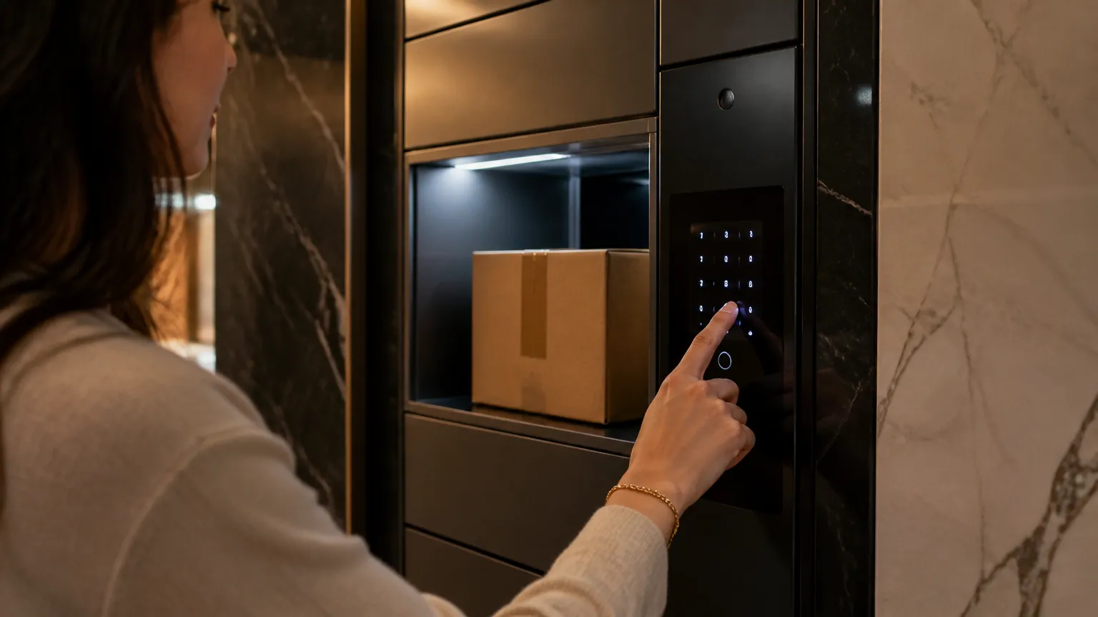 Morador retirando pacote com financiamento de espaço para encomendas condominiais e locker automatizado.