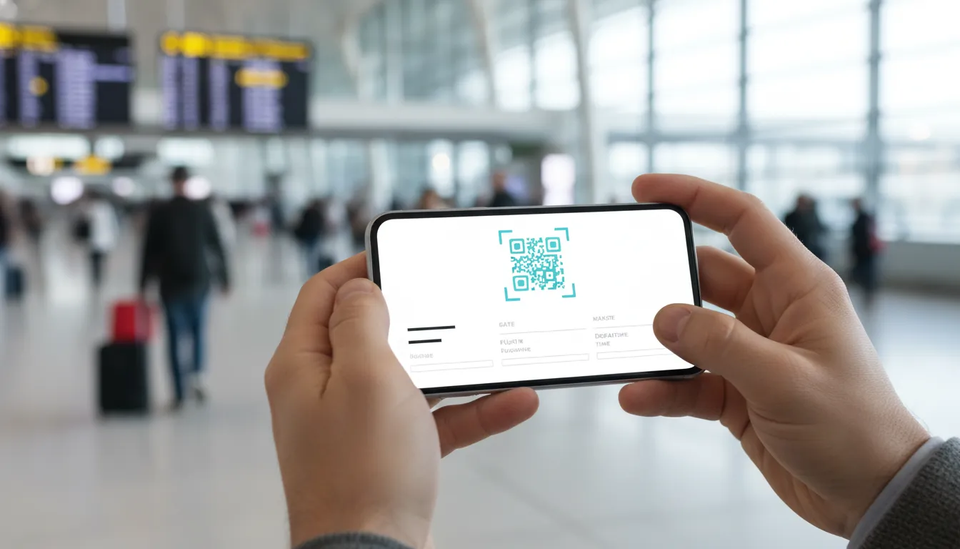 Mãos segurando smartphone com aplicativo de check-in, exibindo cartão de embarque digital. Saiba como fazer check in pelo celular.