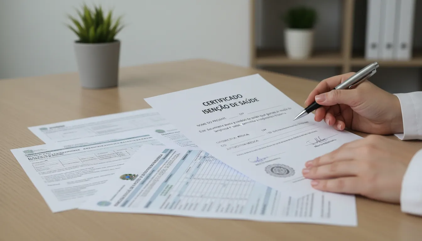Mãos médicas segurando laudo de isenção, com formulários de imposto sobre a mesa.