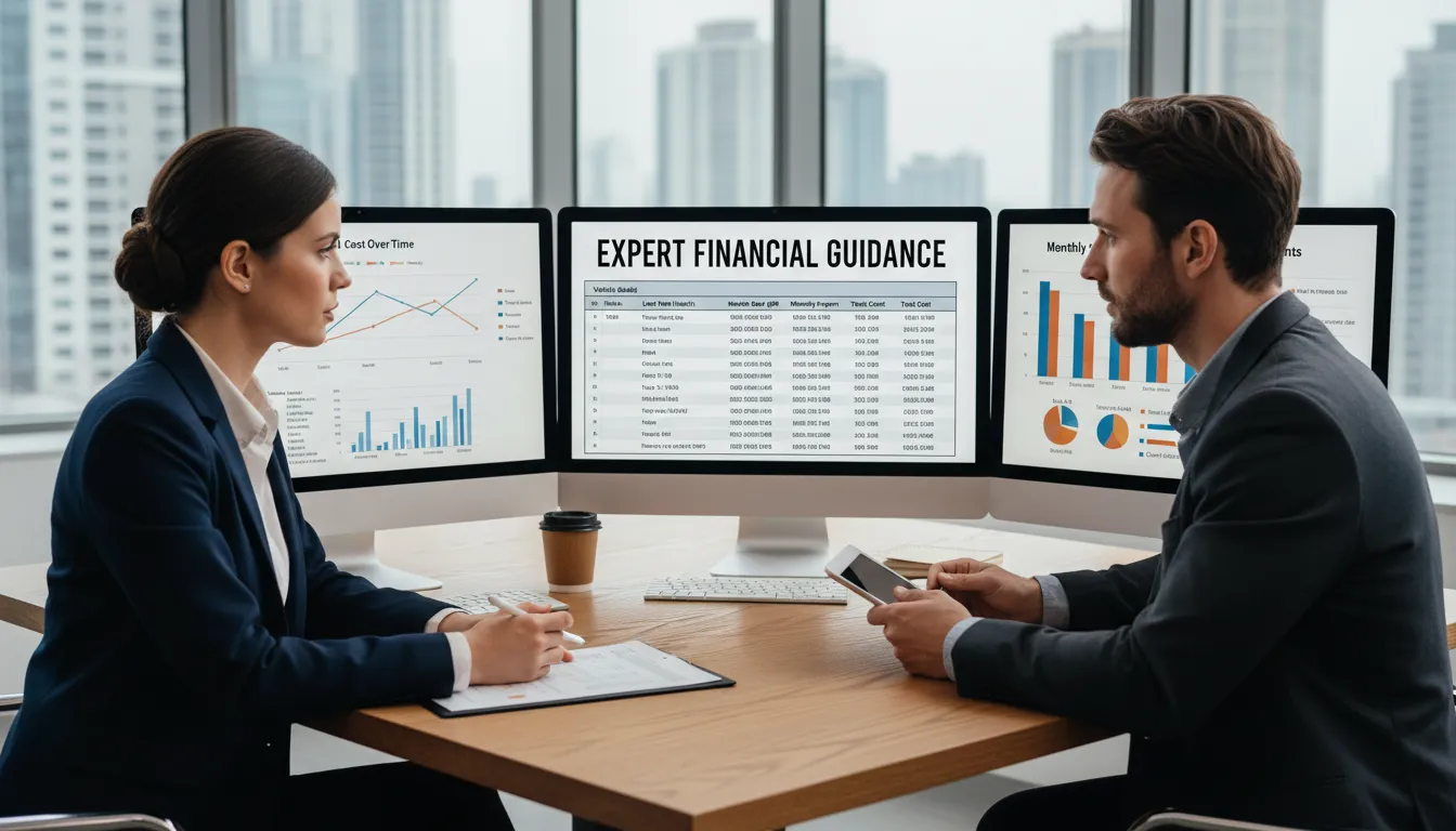 Consultor explicando simulações de financiamento de veículos de passageiros em tela, dando orientação especializada ao cliente.