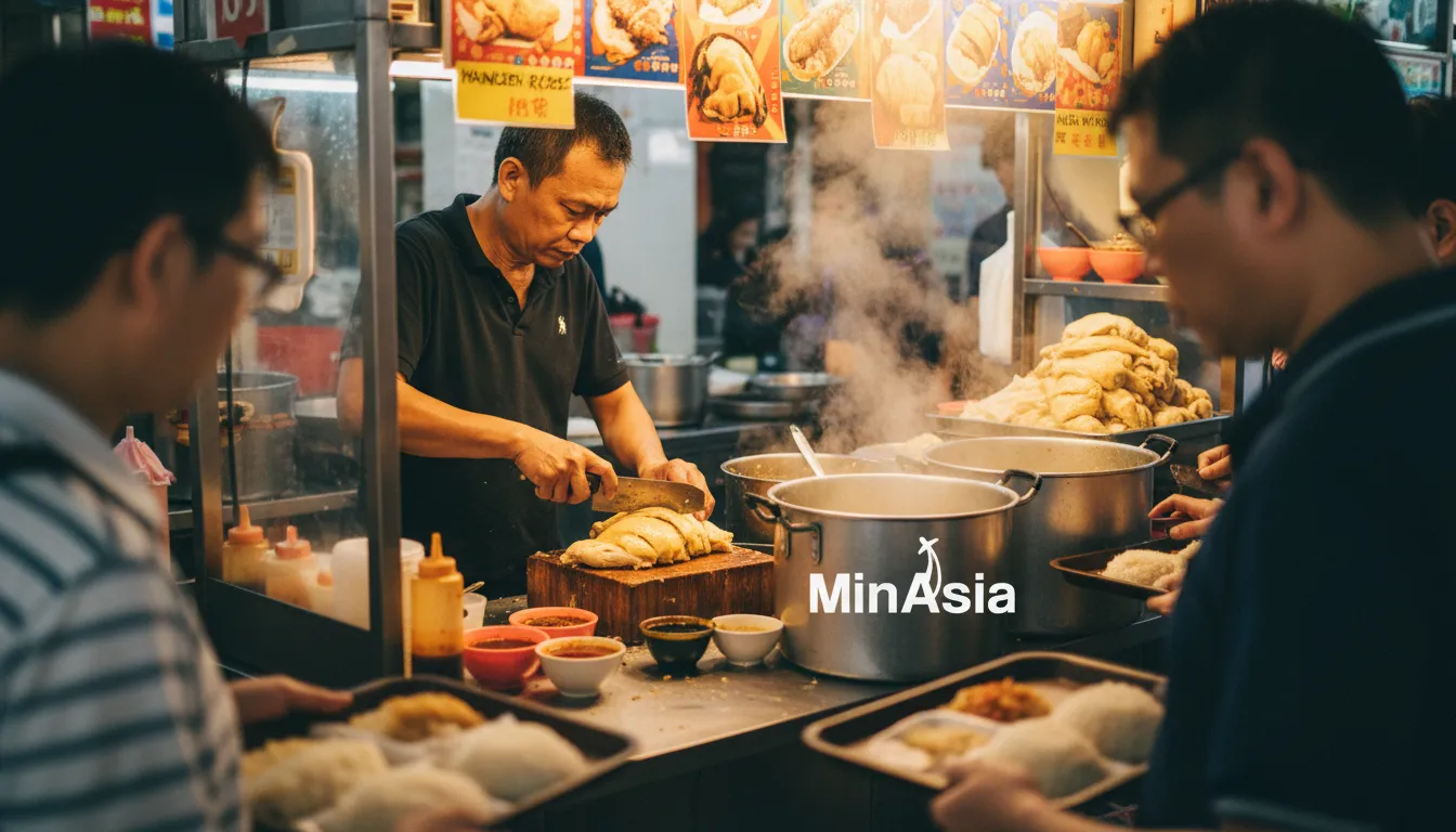 Detalhe de uma barraca de comida de rua em Singapura, preparando um delicioso frango com arroz Hainanese.