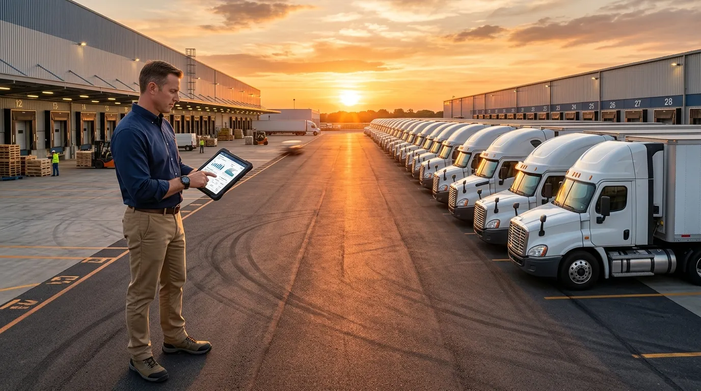 Frota de caminhões avaliando benefícios do Lucro Real para transportadoras.