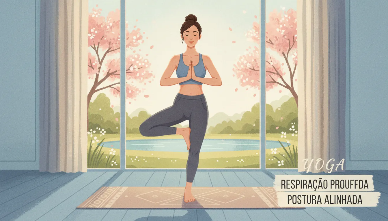 Praticante de yoga em postura de árvore destacando equilíbrio, foco e respiração consciente.