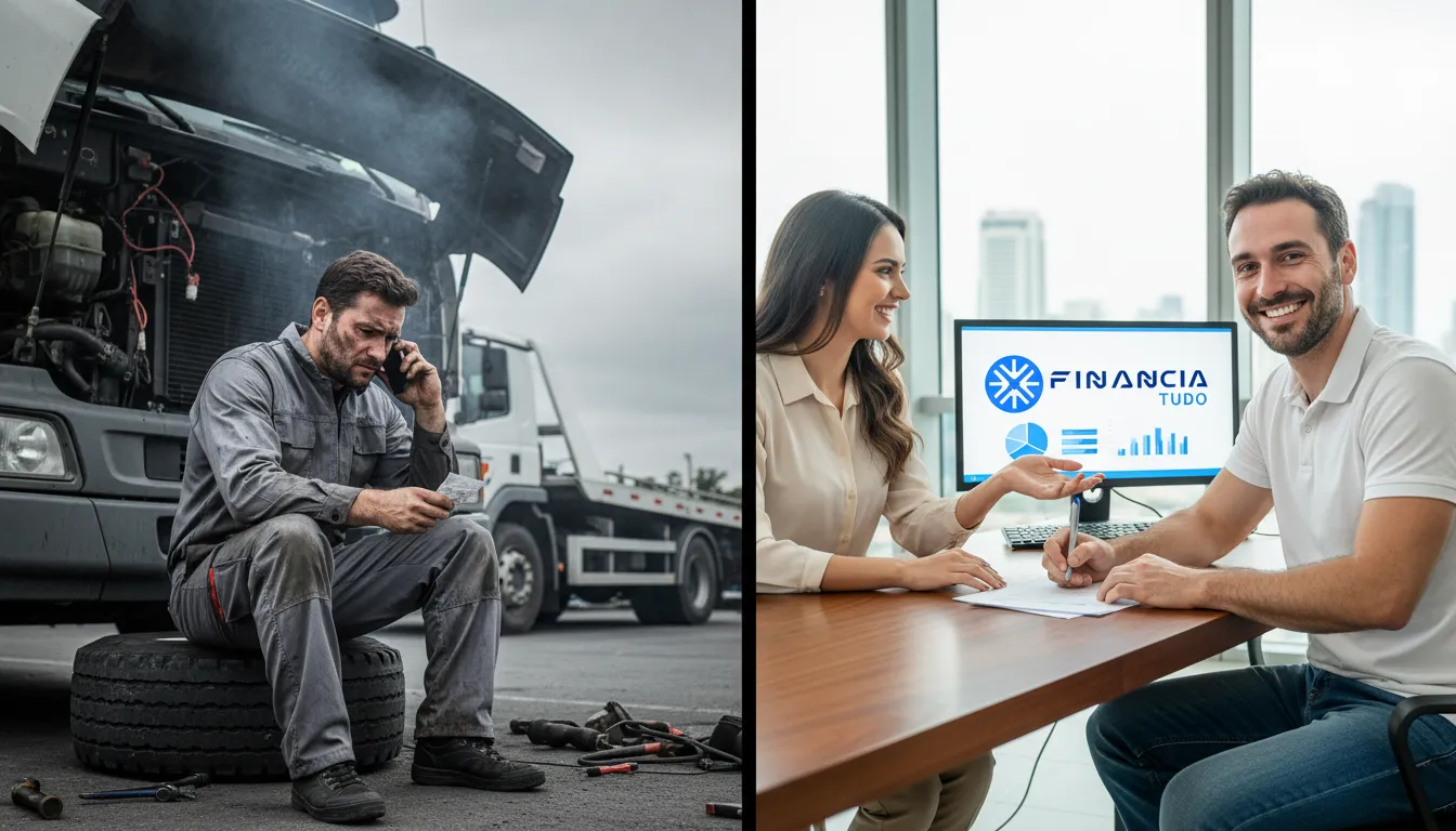Contraste: caminhoneiro frustrado vs. caminhoneiro feliz com crédito para caminhão financiado como garantia via Financia Tudo.