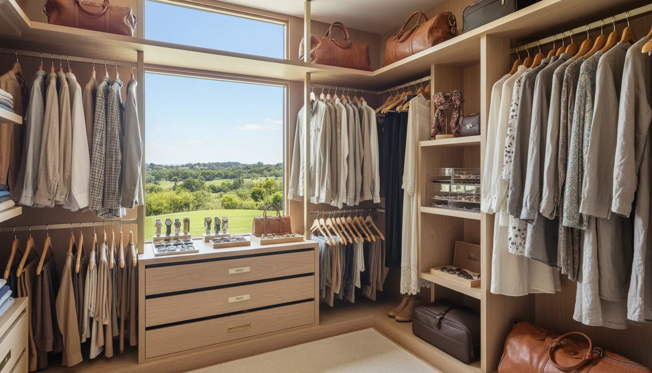 Closet sofisticado e compacto em cabana, com organização e vista para natureza exuberante.