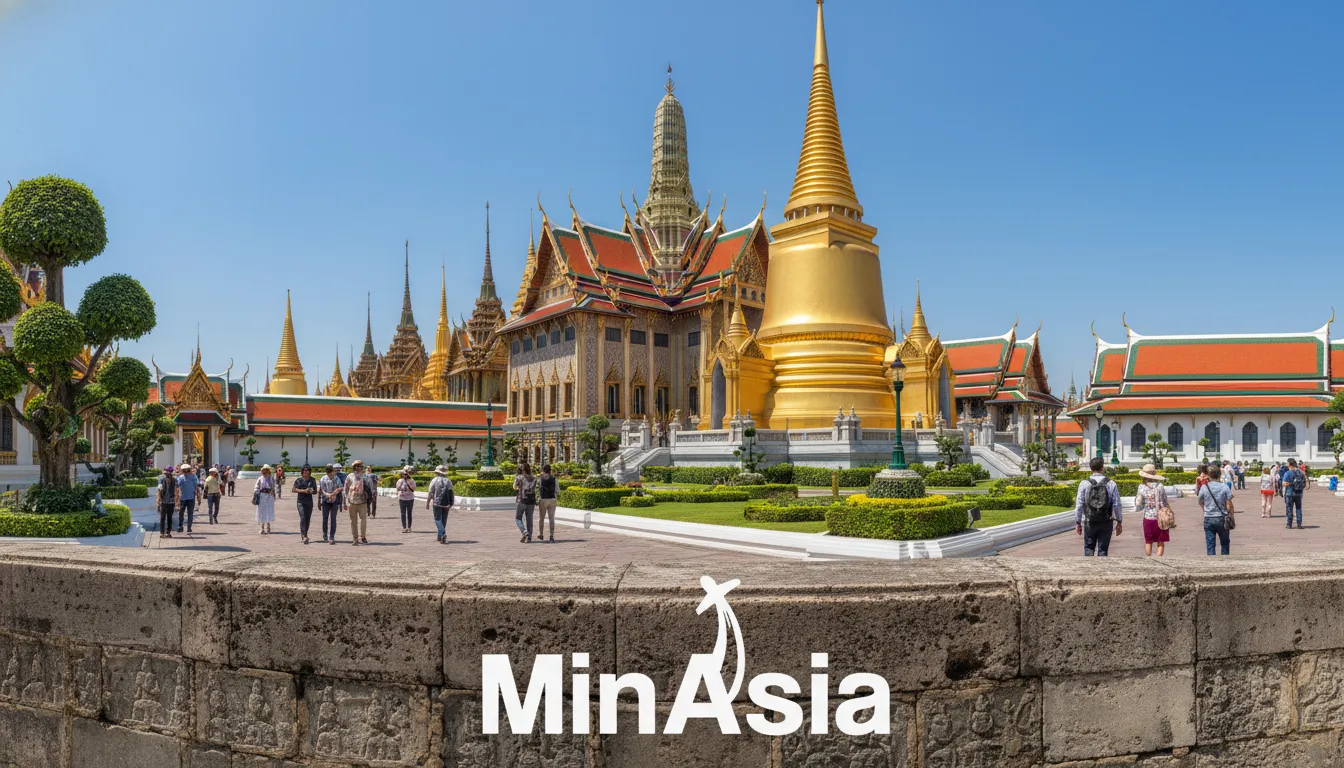 Vista panorâmica do complexo do Grande Palácio em Bangkok, Tailândia, mostrando os detalhes da arquitetura e os jardins bem cuidados de Bangkok, Tailândia.