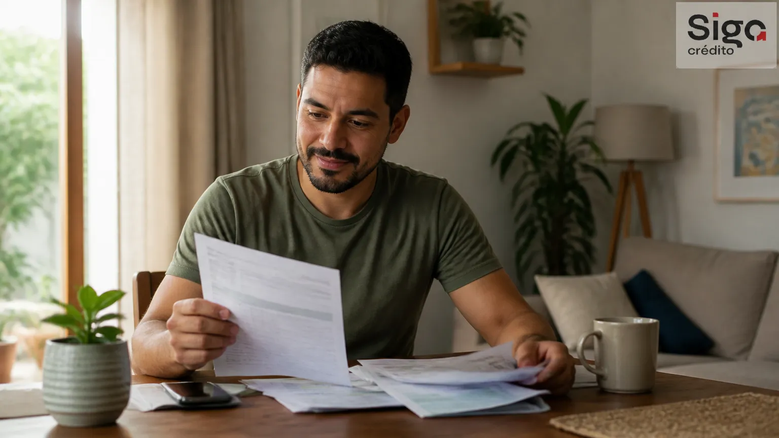 Homem analisando valores para solicitar empréstimo na conta de luz em casa.