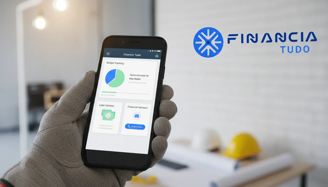 Smartphone exibindo app Financia Tudo, auxiliando no controle do custo de construção e opções de crédito.