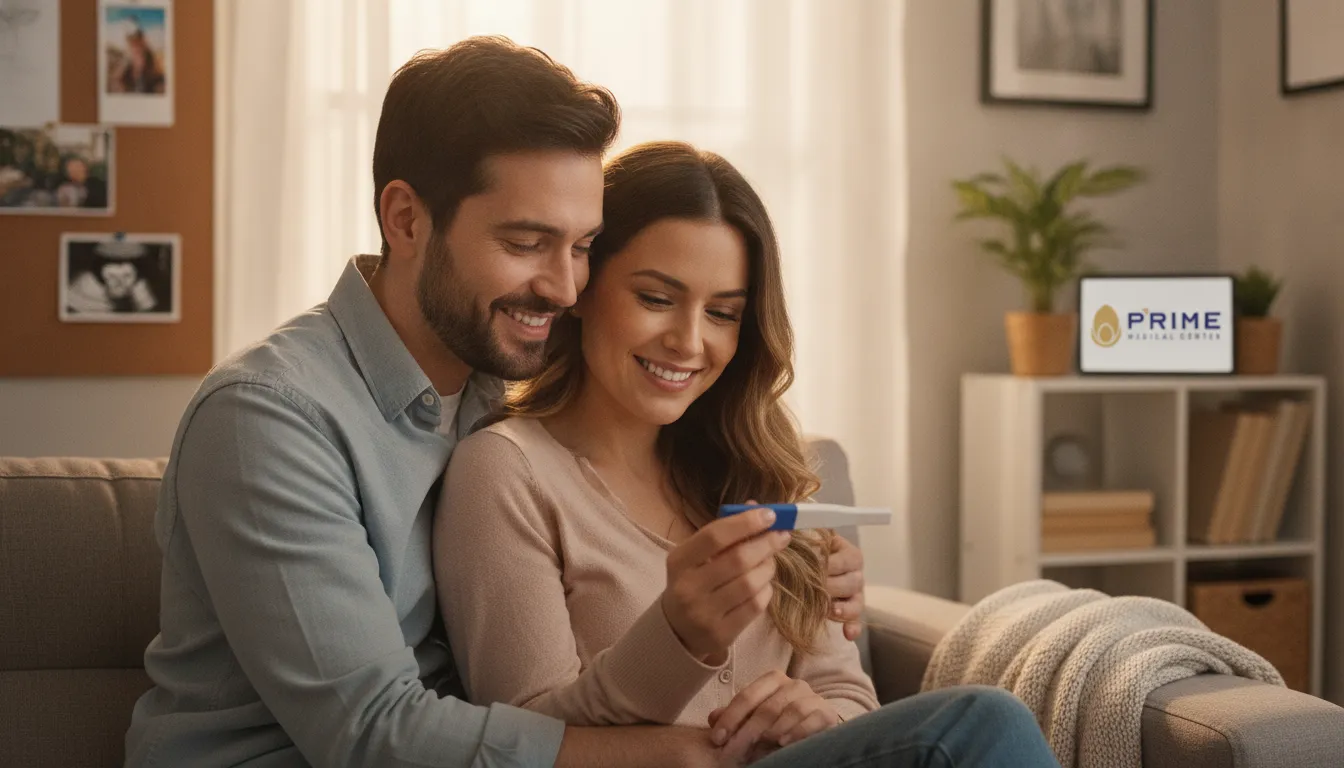Casal feliz após tratamento de varicocele, segurando teste gravidez. Fertilidade restaurada, Prime Medical.