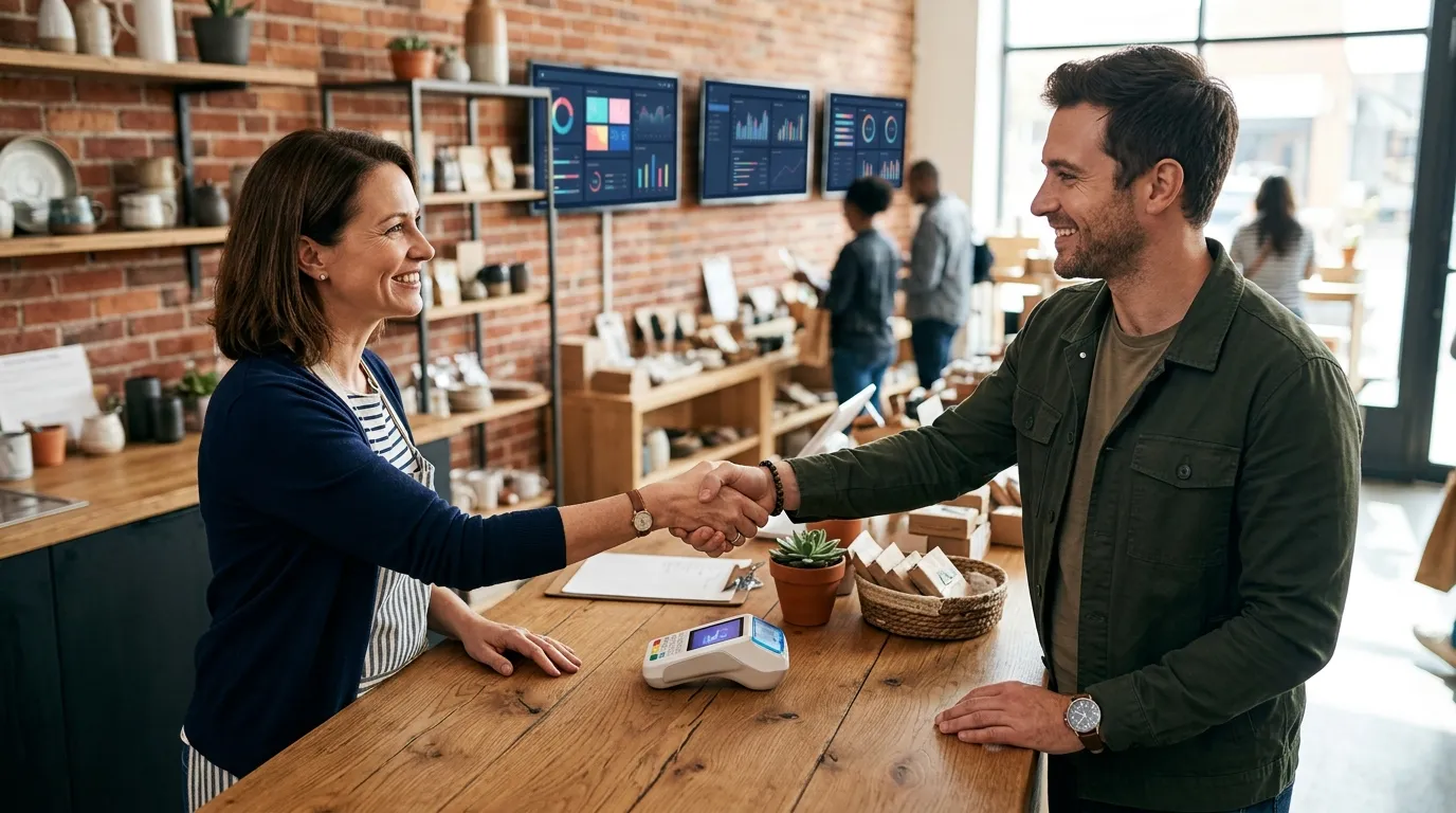 Aperto de mãos simbolizando forte relação com clientes em ambiente comercial.