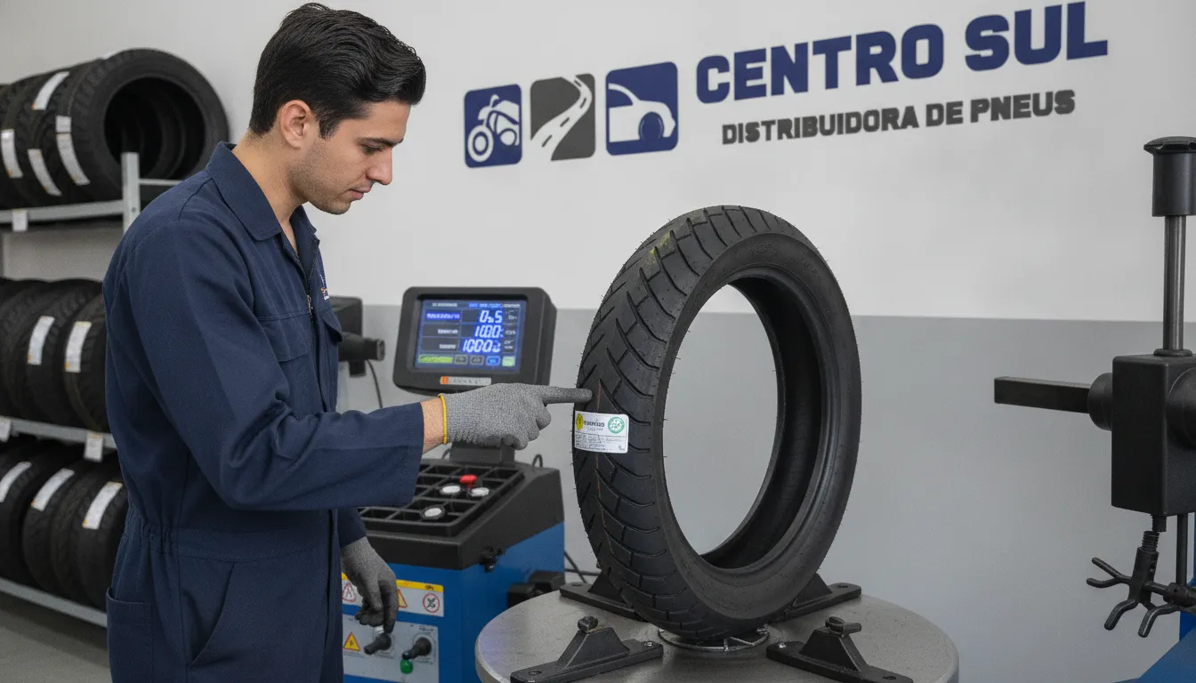 Pneu moto eletrica: Técnico inspeciona pneu remold certificado Inmetro em centro serviços, segurança e qualidade.