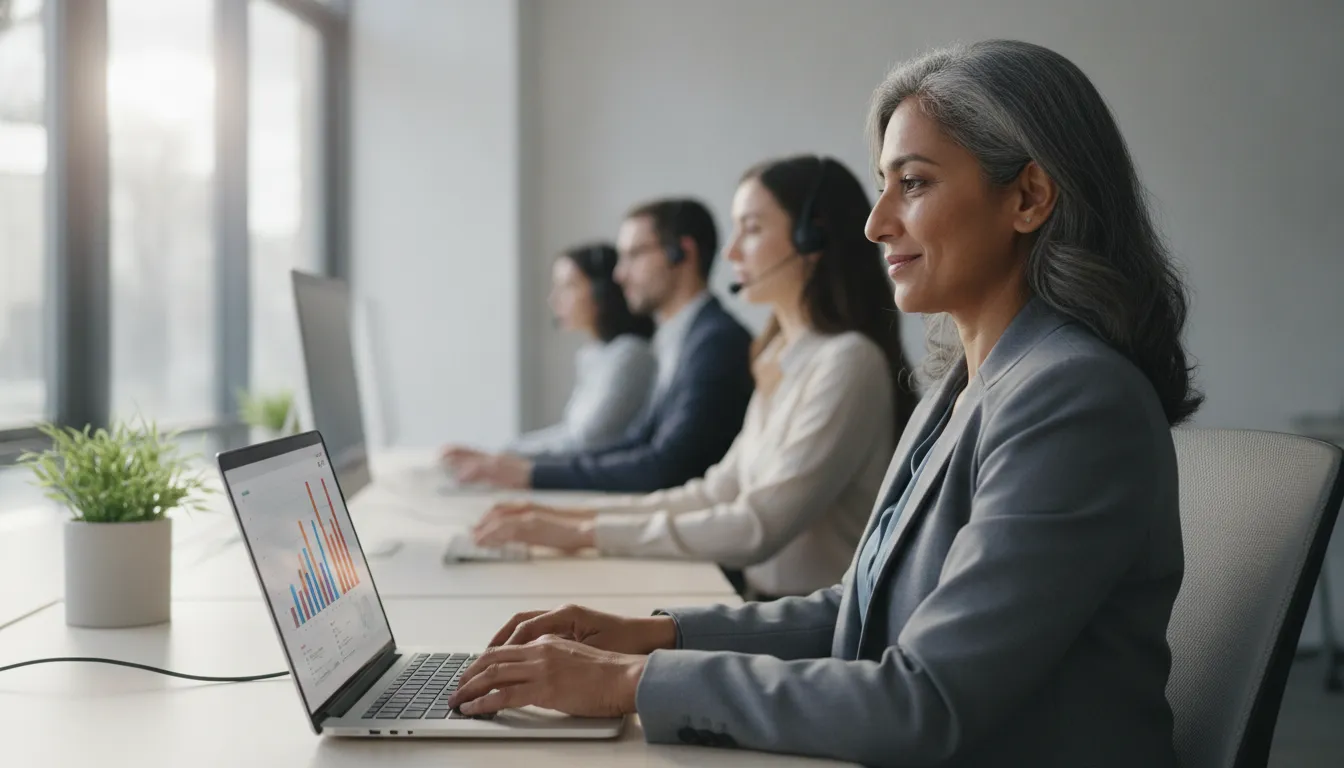 Dona de PME sorri confiante, equipe opera com velocidade digital e eficiência no atendimento ao cliente.
