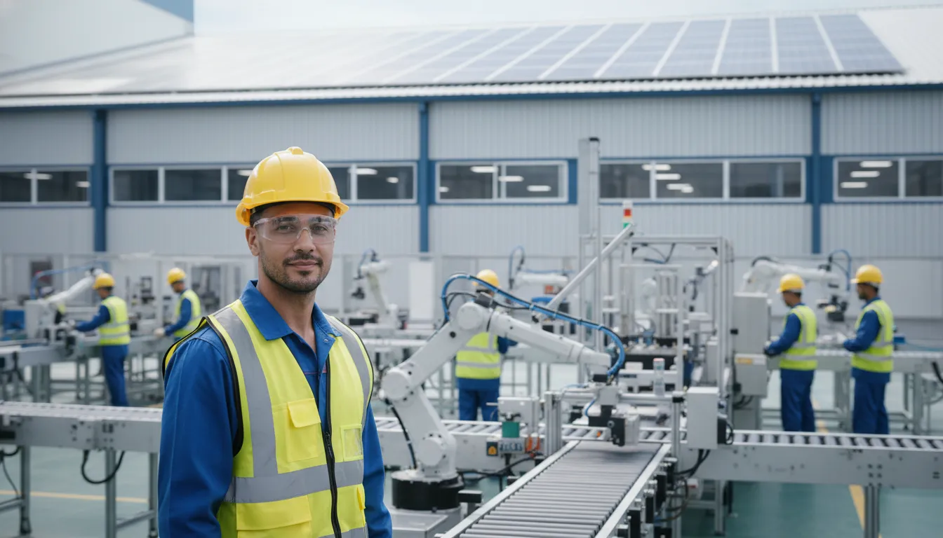Fábrica moderna com painéis solares no telhado, trabalhador satisfeito com energia solar assinatura empresa.