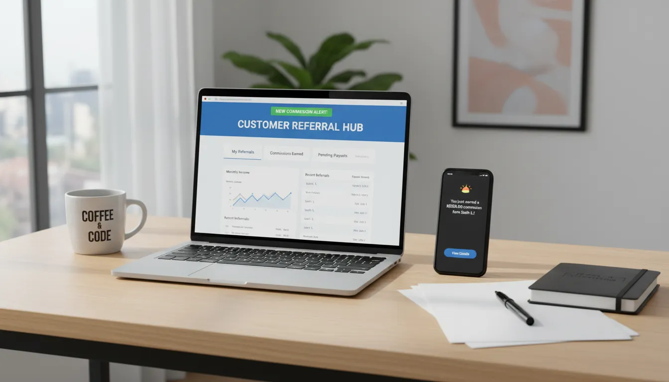 Mesa de trabalho organizada com programa de indicação financeira aberto e ganhos visíveis em notificações