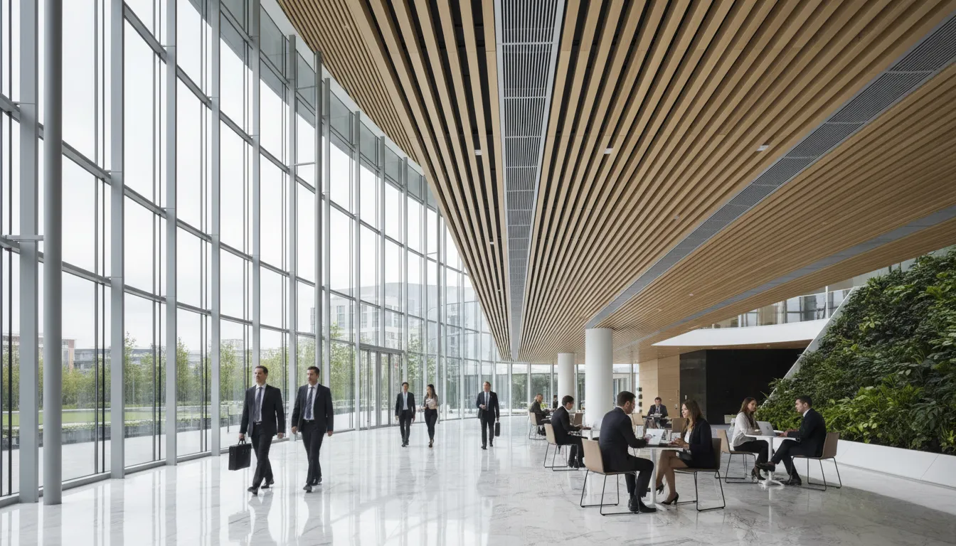 Ambiente de edifício público com sistema fancoil integrado, garantindo climatização otimizada e eficiência energética.