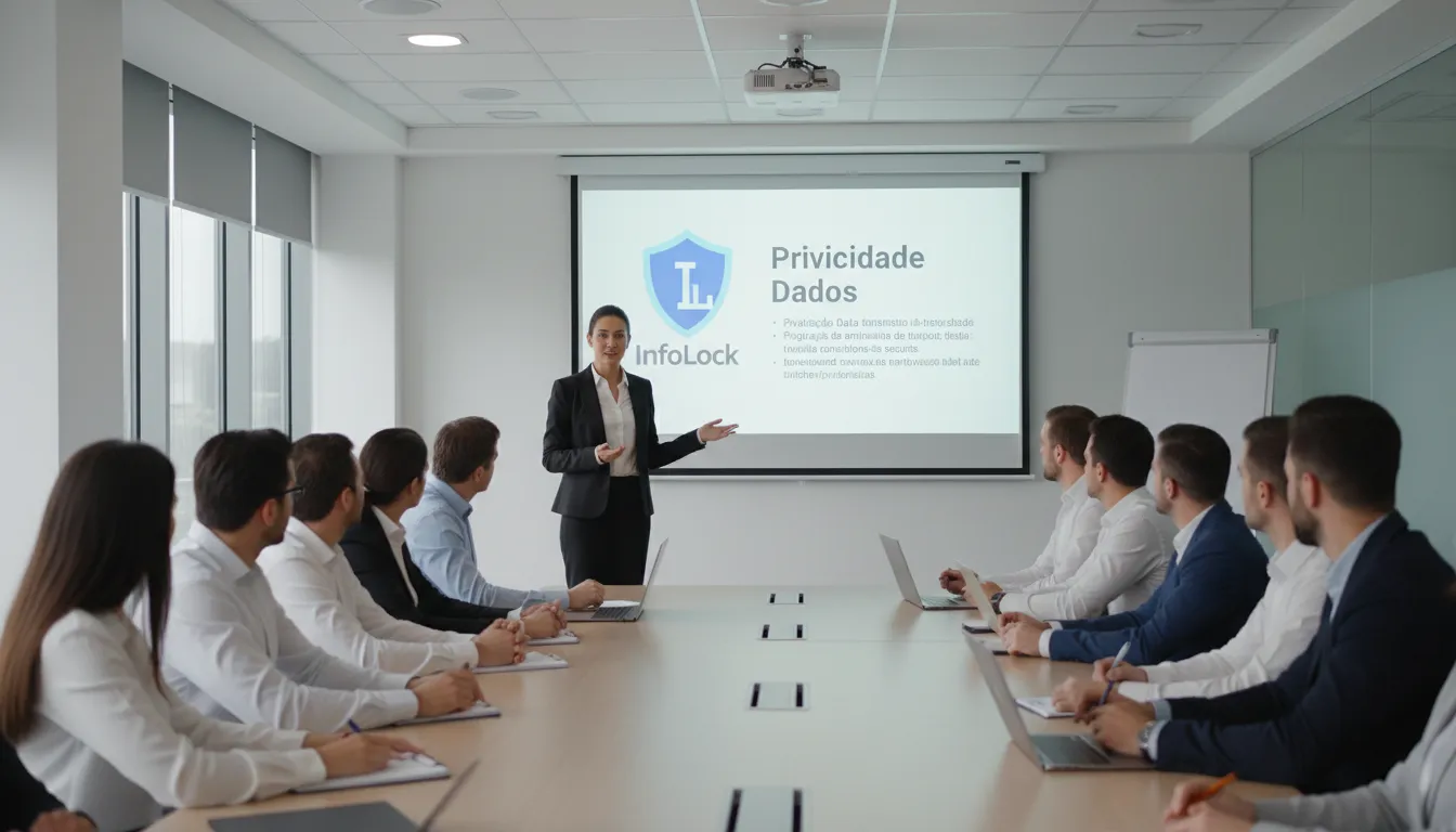Um especialista apresentando informações sobre privacidade de dados para um comitê de privacidade de dados, com o logo da InfoLock em destaque.