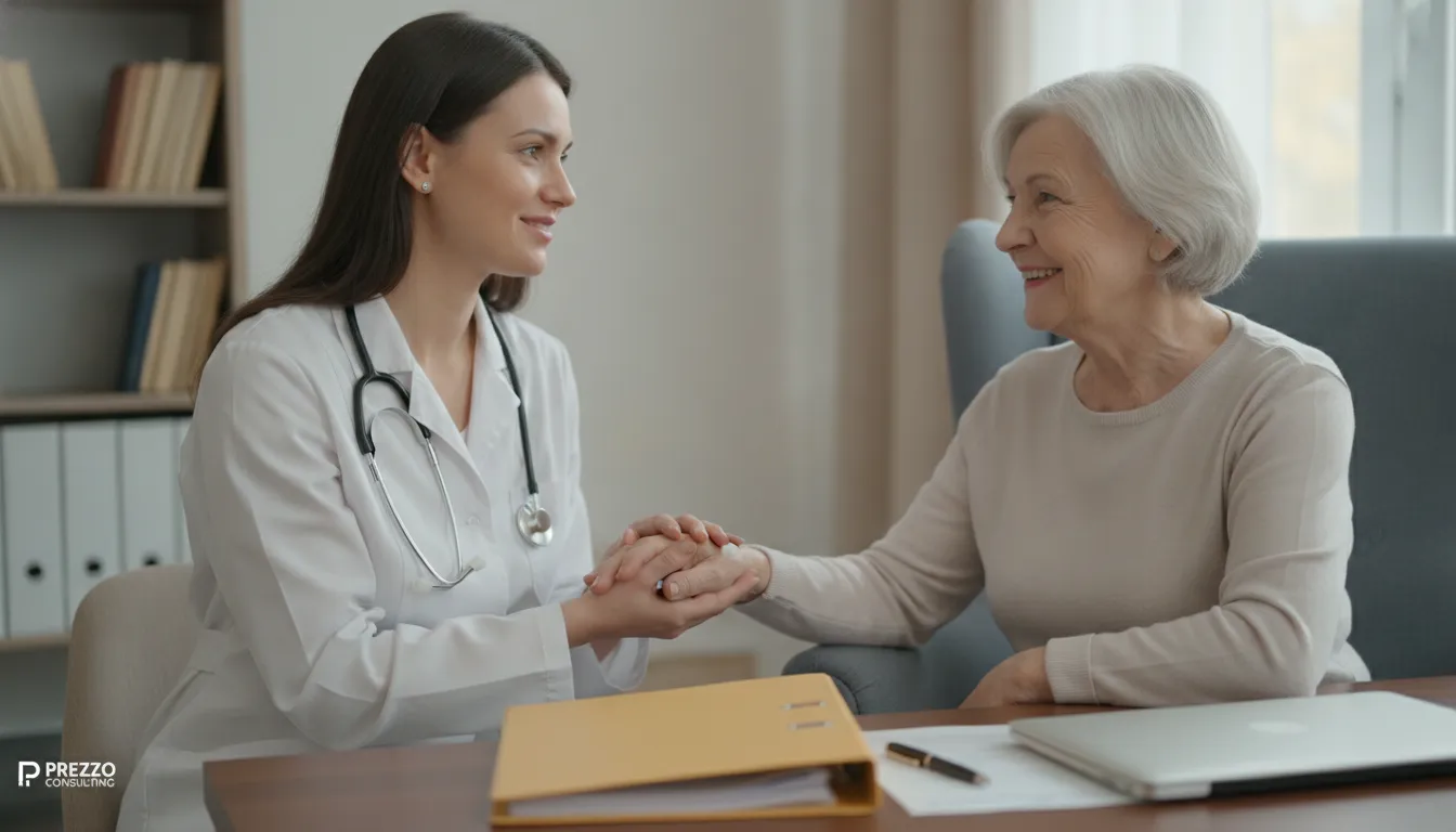 Médica atenciosa com paciente idosa, focada no cuidado. Bookkeeping eficiente libera tempo médico.