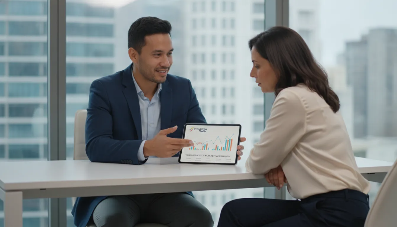 Consultor Financia Tudo explica opções de refinanciamento para cliente, analisando veículos aceitos com expertise.