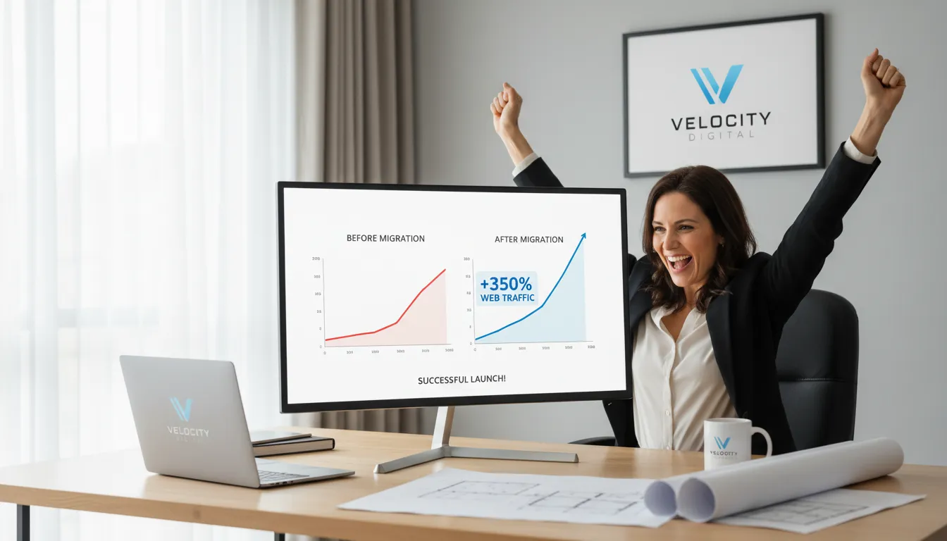 Migrar de Wix para WordPress em 2026: Guia Prático 3 Empresário comemora aumento de tráfego após migração de site de Wix para WordPress, em ambiente sofisticado.