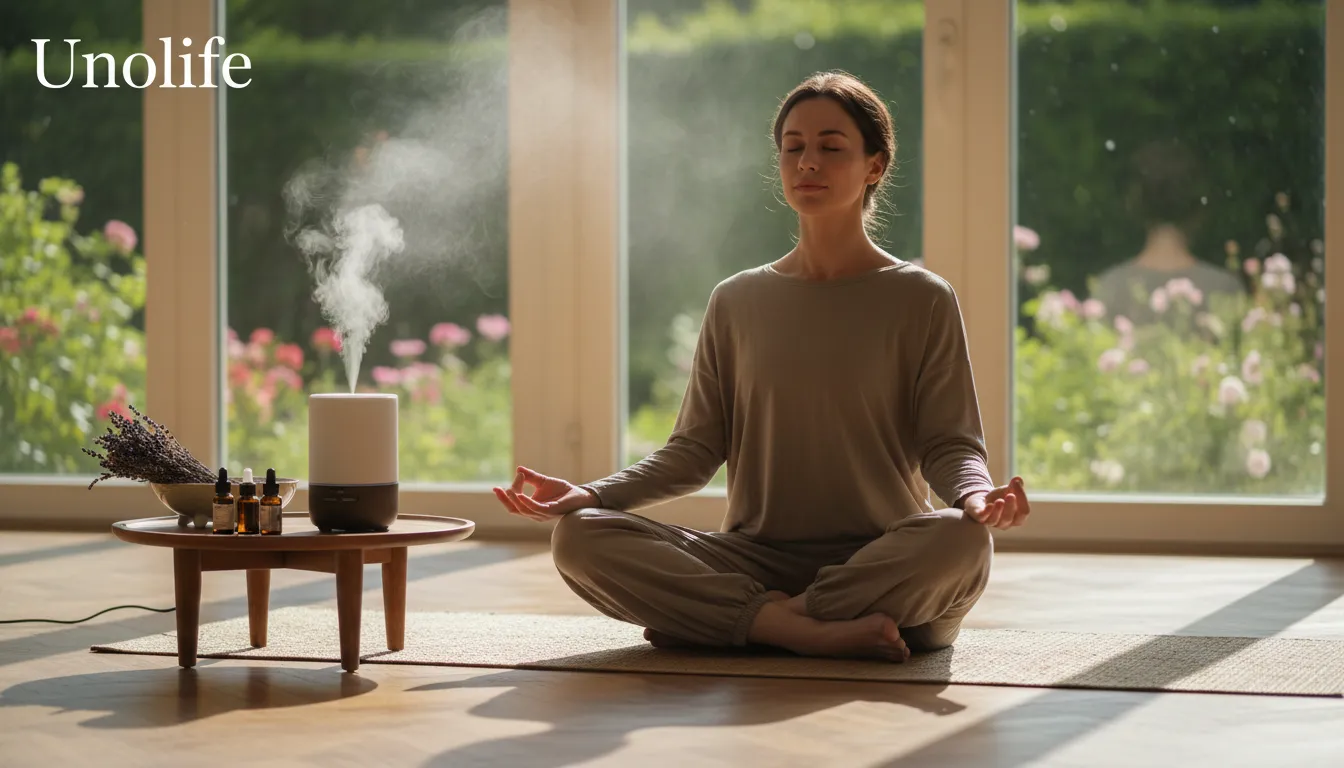 Uma mulher meditando durante uma sessão de yoga, com um difusor próximo, criando um ambiente calmo. Aromaterapia e meditação com Unolife.