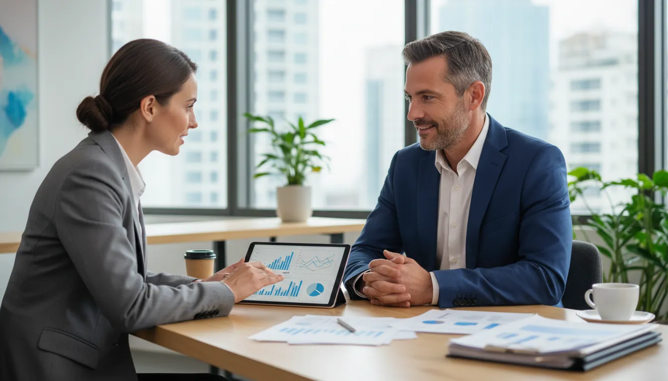 Profissional autônomo conversando com um consultor em um ambiente moderno, recebendo orientação sobre financiamento imobiliário.