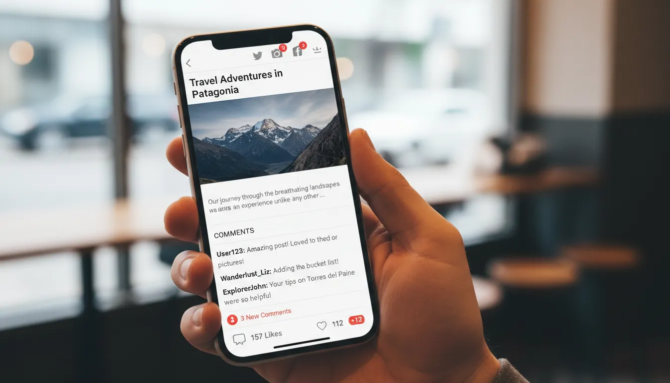 Mão segurando smartphone com blog recebendo comentários e curtidas, destacando engajamento de leitores.