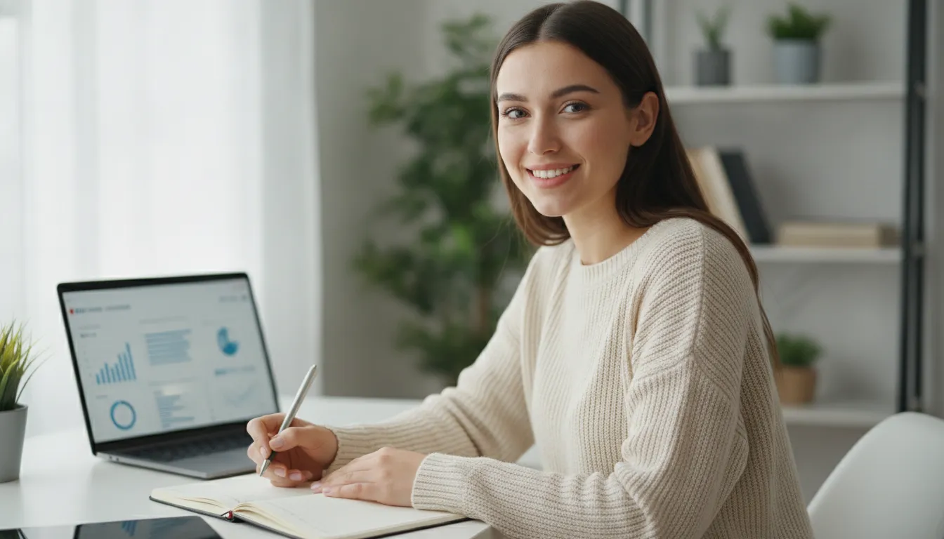 Mulher jovem e confiante trabalhando em seu home office, explorando afiliados financeiros para iniciantes.