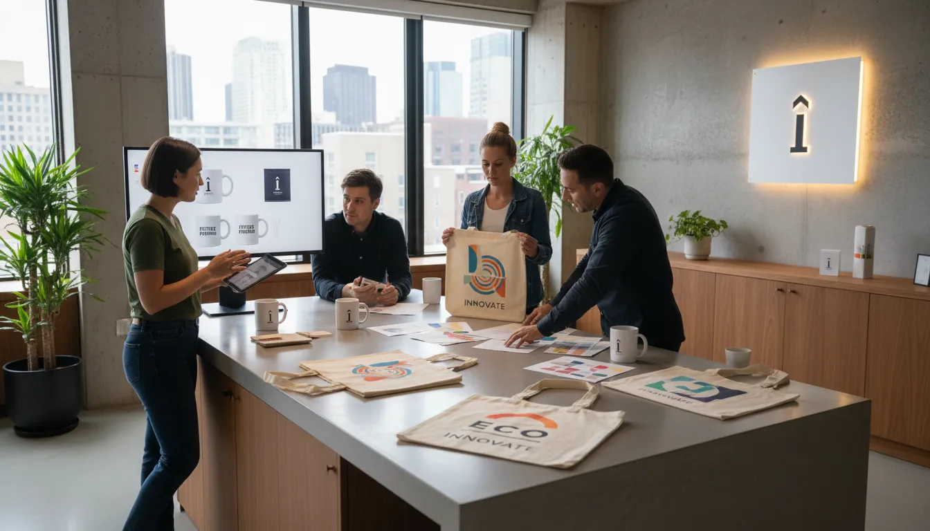 Equipe desenvolve designs de brindes personalizados em escritório moderno, criando canecas e ecobags exclusivas para professores.